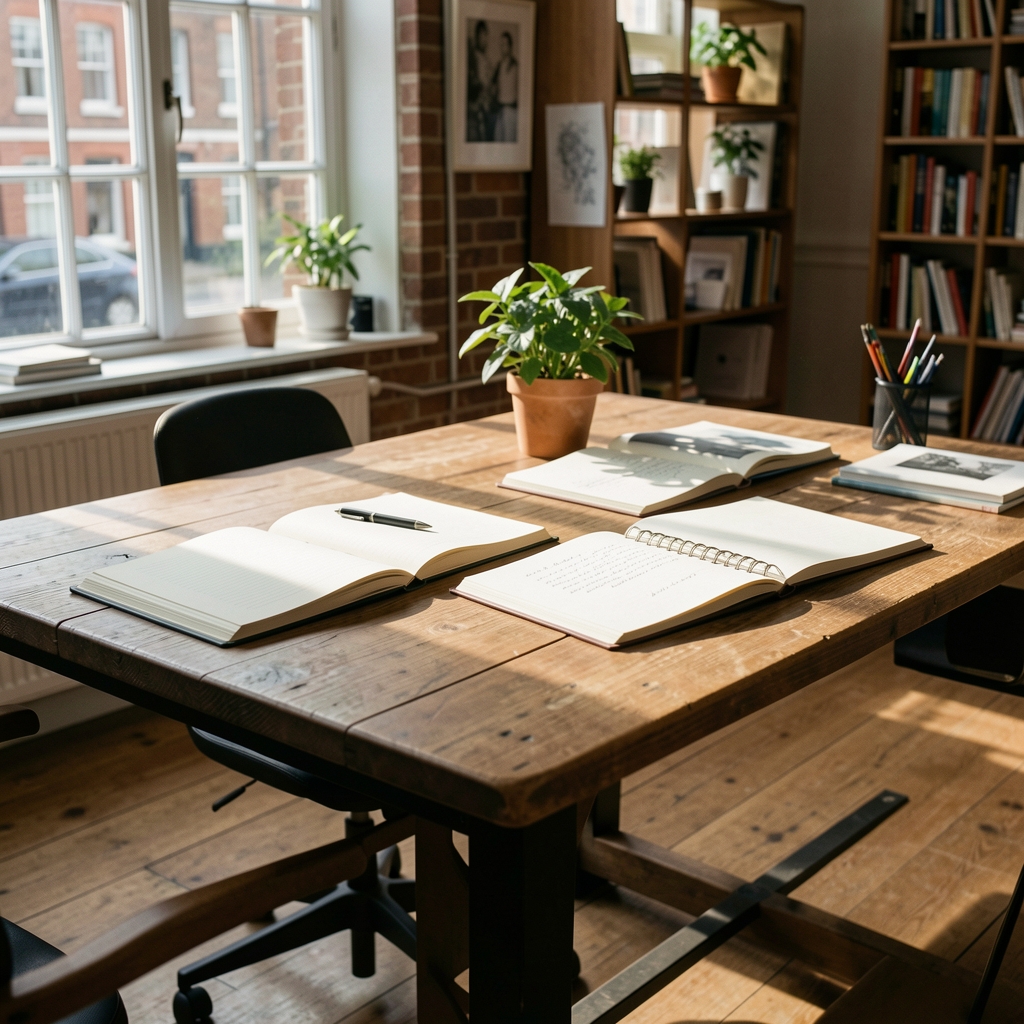 Quiet editorial office with a long wooden desk, a row of books on metabolism and nutrition, a green desk lamp casting warm light, and printed journal pages spread across the surface