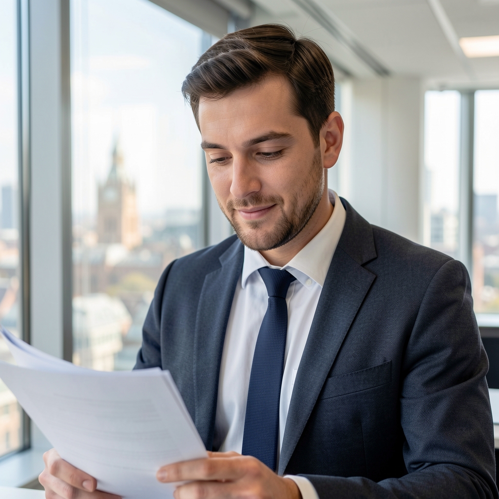 Portrait of a researcher reviewing documents at a bright office window with London cityscape