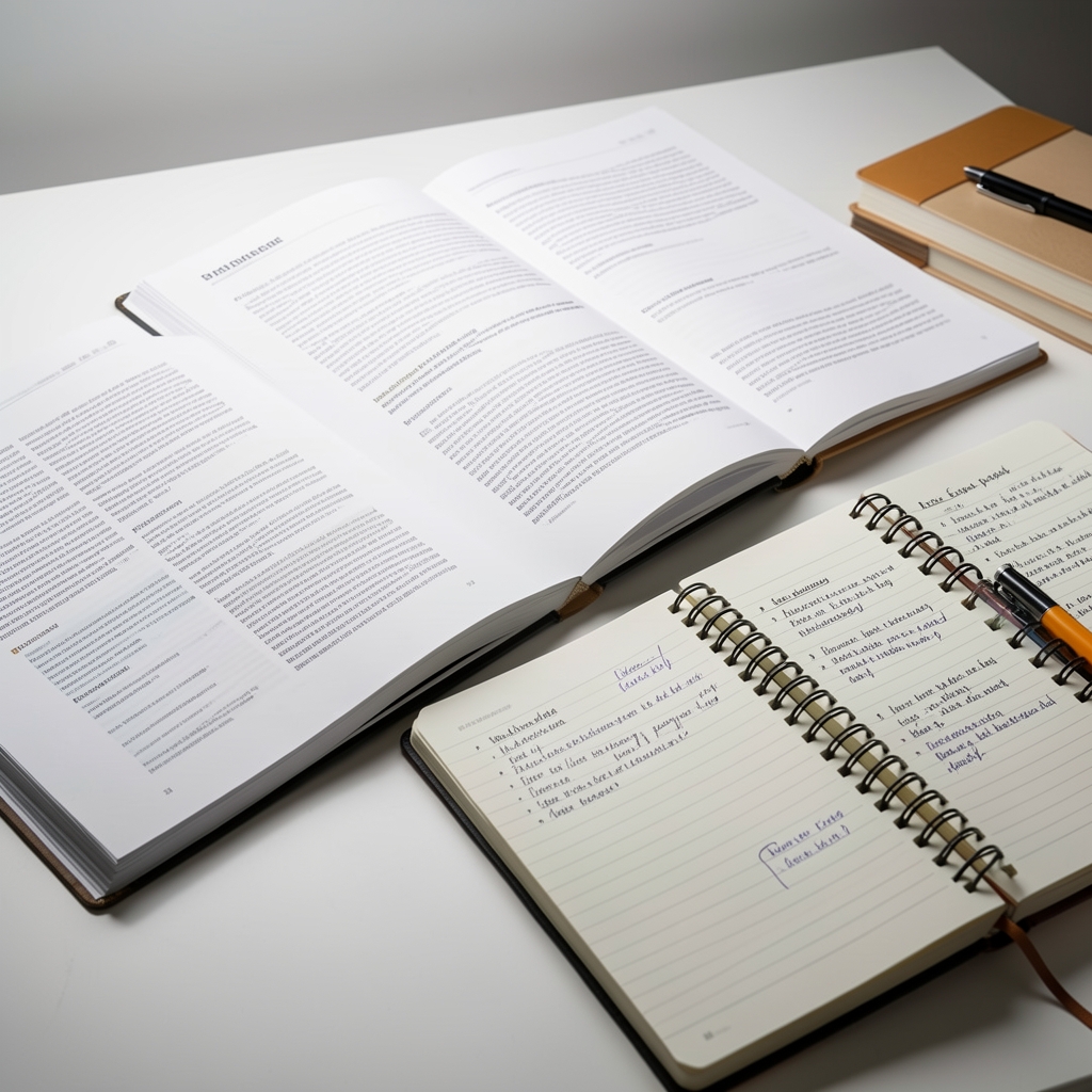 Open research papers and annotated notebooks spread across a clean desk with controlled studio lighting