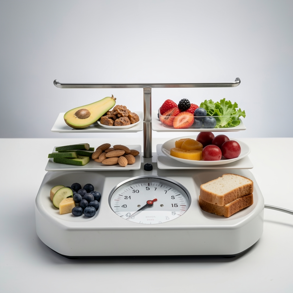 Close-up of a laboratory balance scale with small food portions on each side, set against a dark background with soft directional lighting, representing the concept of energy balance in metabolic research