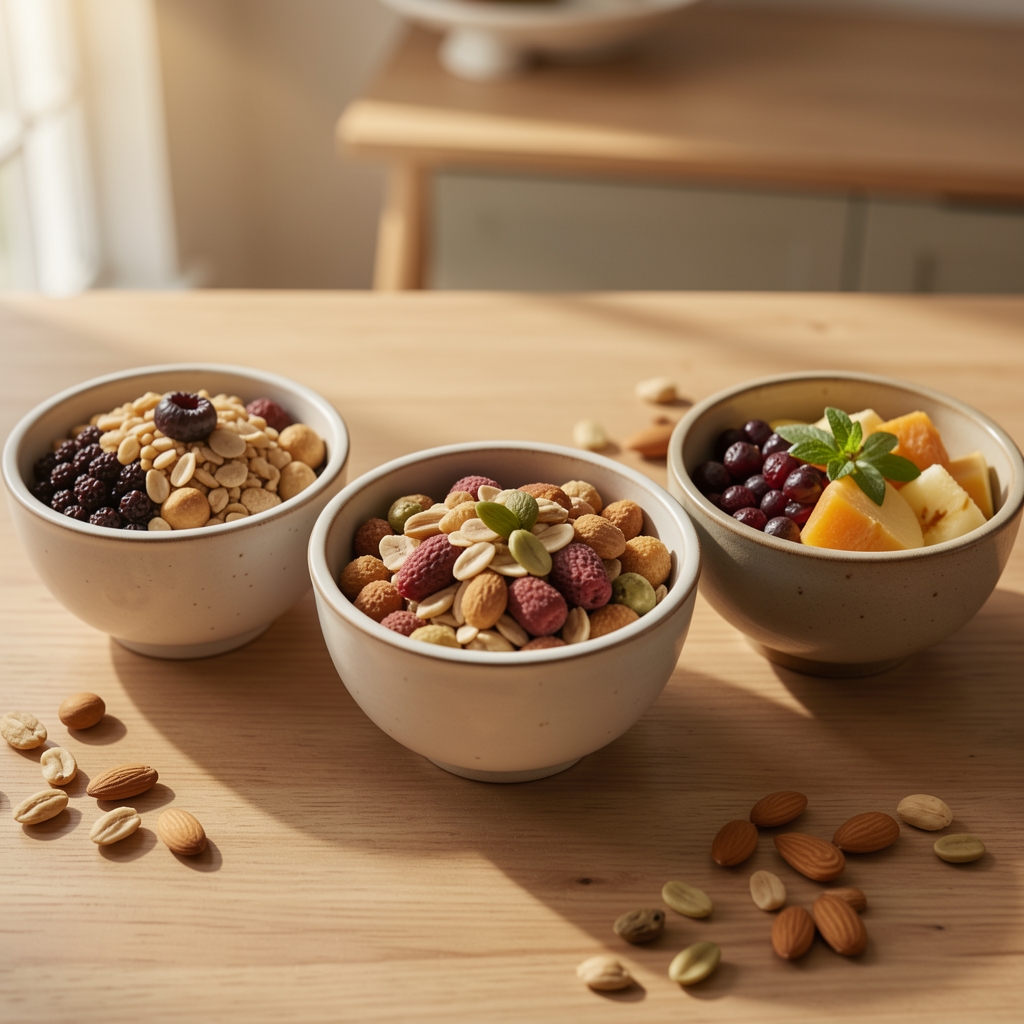 Three separate small ceramic bowls on a wooden surface, each containing a different whole food — oats, olive oil, and boiled egg white — photographed in warm natural light to illustrate macronutrient categories