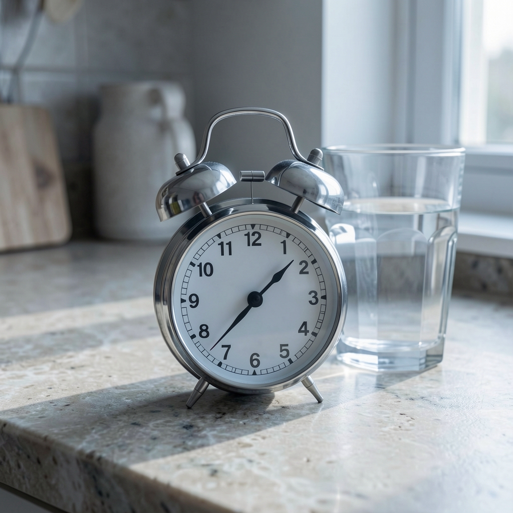 A kitchen timer on a plain stone countertop beside a half-empty glass of water, photographed in cool morning light to represent fasting windows and meal timing strategies for metabolic health