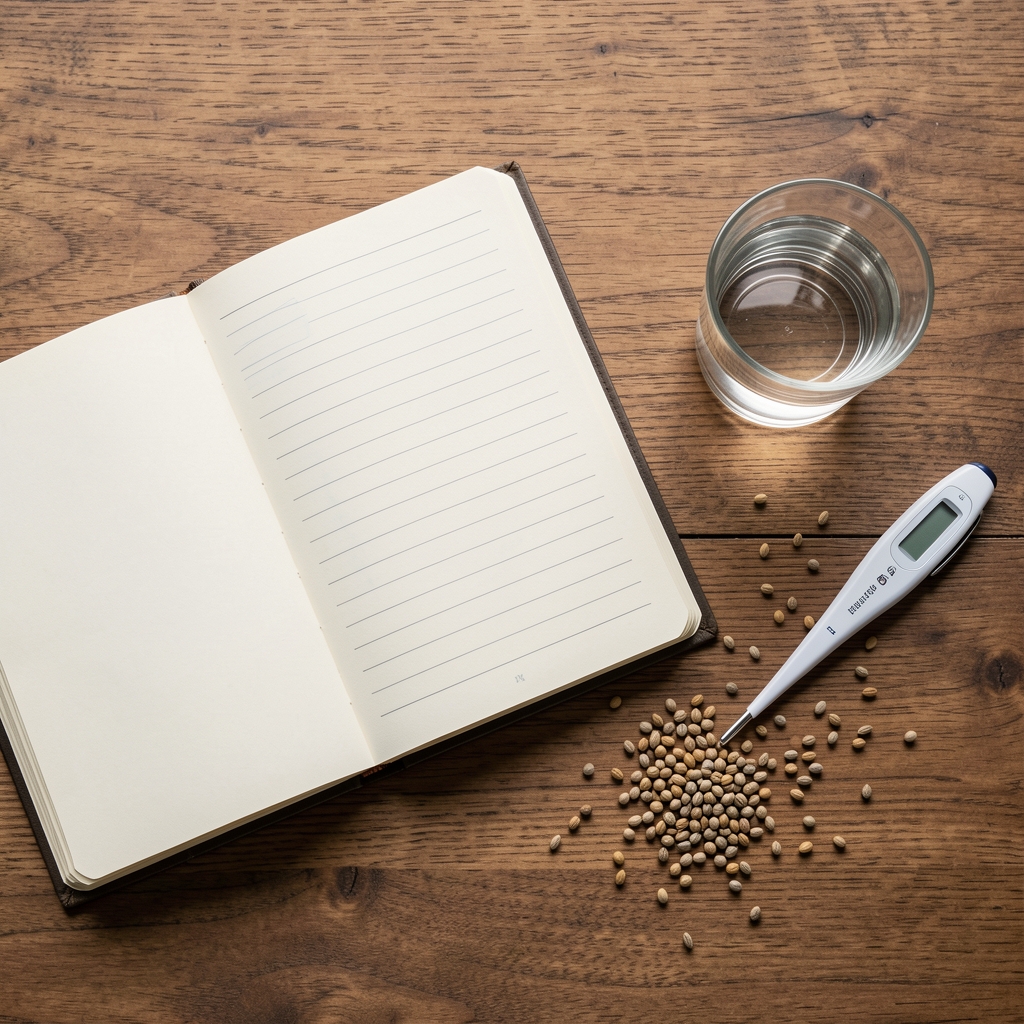 Overhead view of a wooden desk with open notebook, a small glass of water, and scattered seeds beside a digital thermometer, representing the study of metabolic processes in everyday life